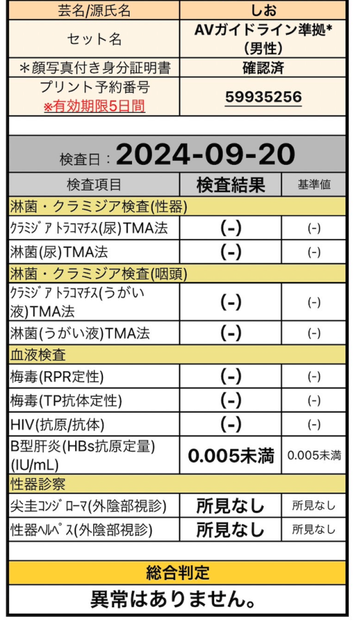 汐空（しおら）の性病検査証明書